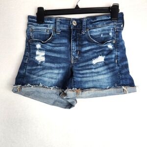 American Eagle Denim Shorts Womens Size‎ 2 Distressed Cuffed Hem Dark Wash Blue